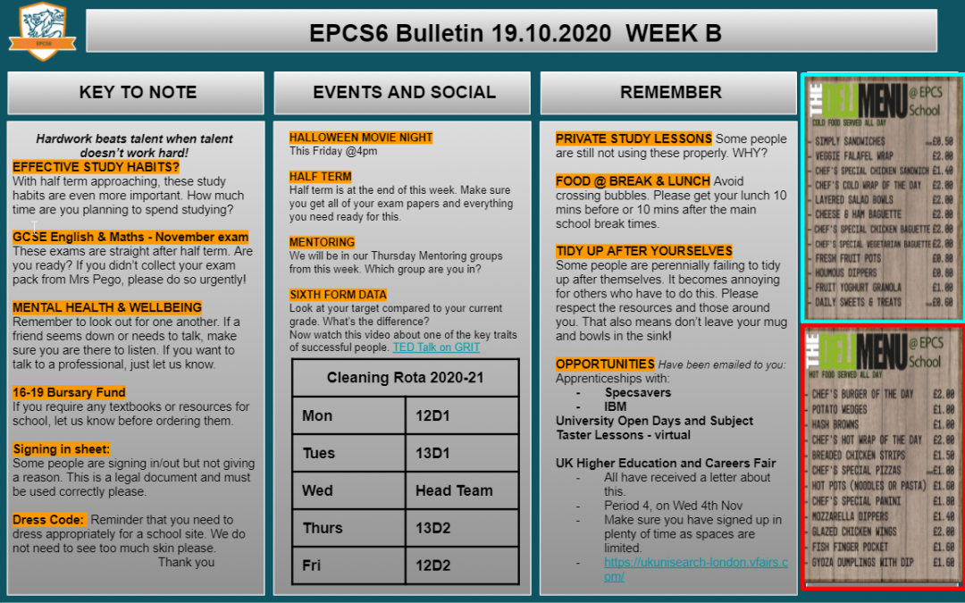 W/c 19.10.2020 Sixth Form Bulletin Week B