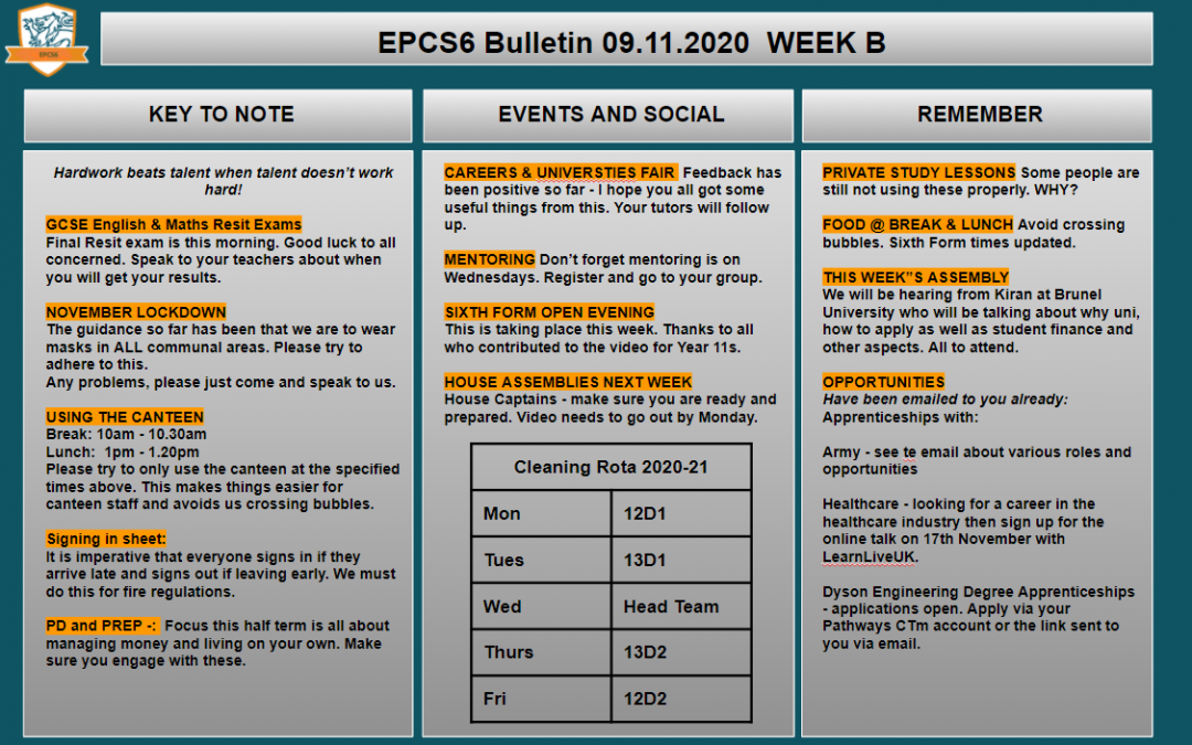 W/c 09.11.2020 Sixth Form Bulletin Week B