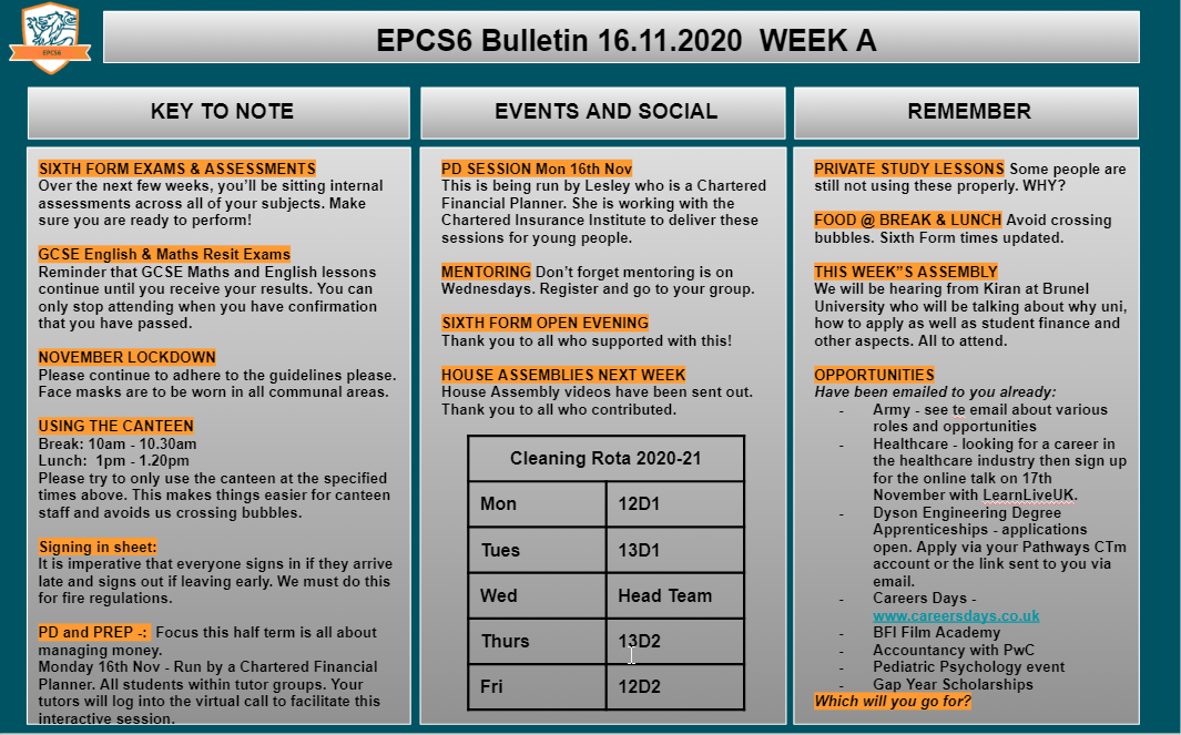 W/c 23.11.2020 Sixth Form Bulletin Week B