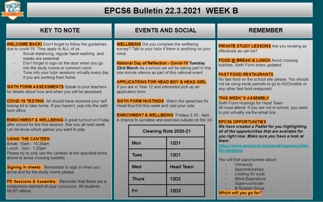 W/c 22.03.2021 Sixth Form Bulletin Week B