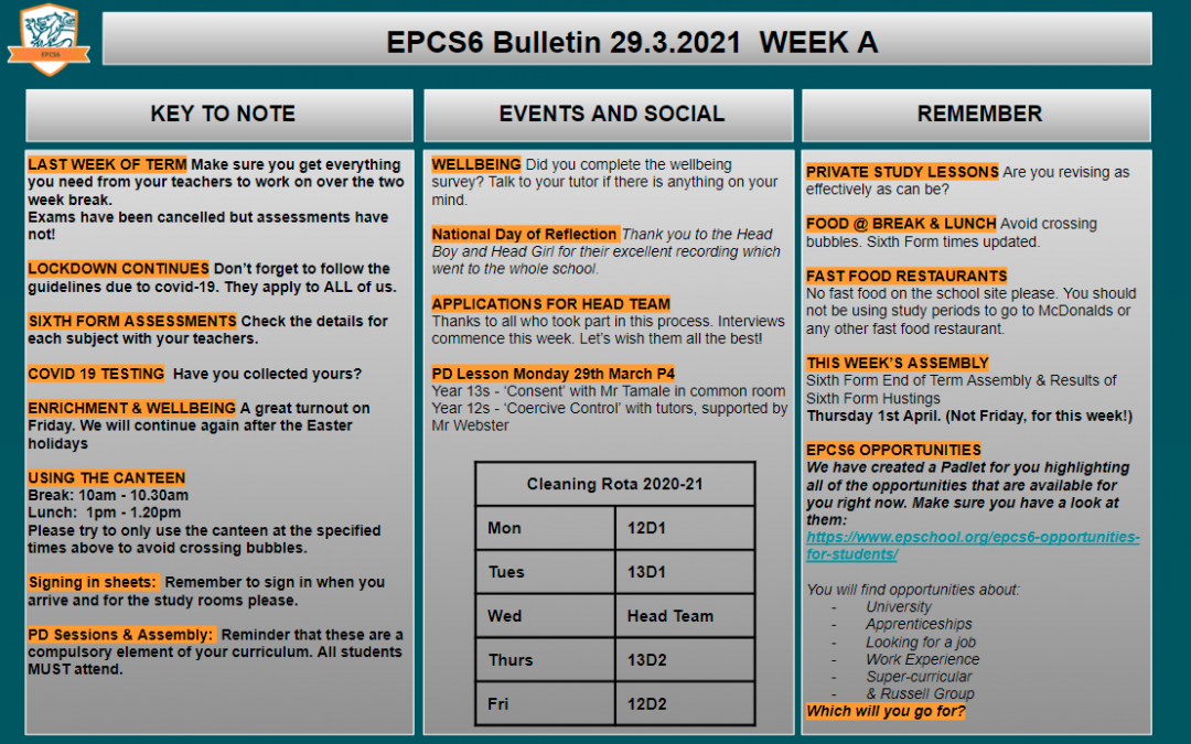 W/c 29.03.2021 Sixth Form Bulletin Week A