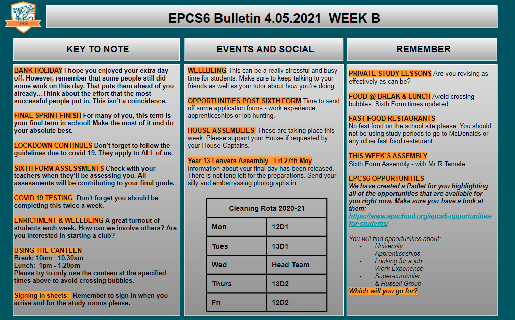 W/c 03.05.2021 Sixth Form Bulletin Week B