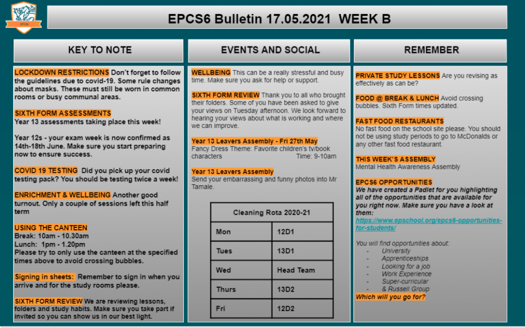 W/c 17.05.2021 Sixth Form Bulletin Week B