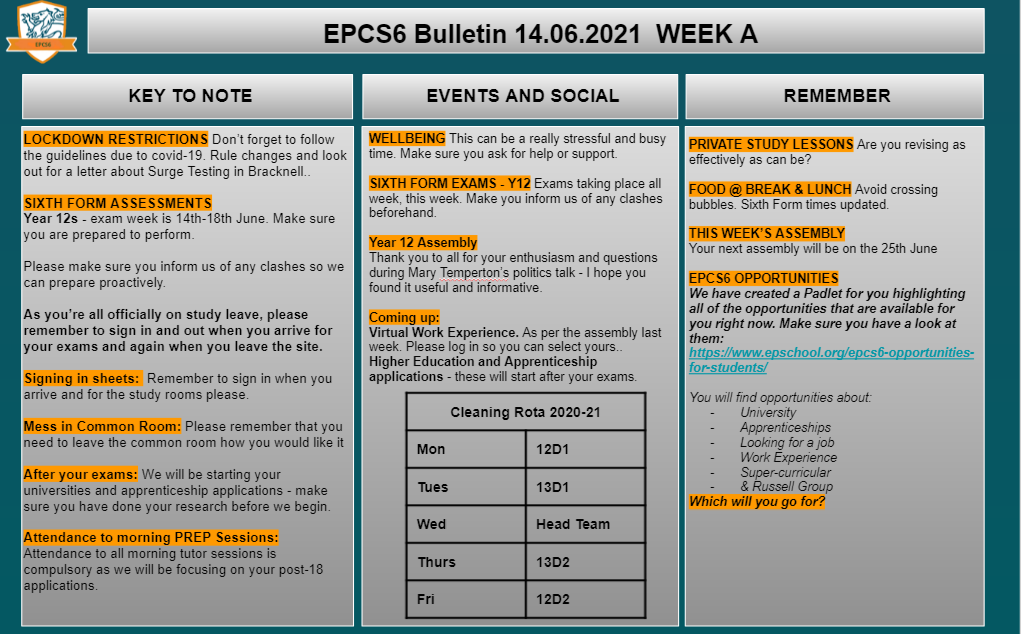 W/c 14.06.2021 Sixth Form Bulletin Week A