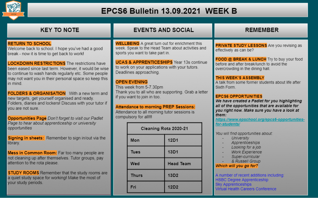 W/c 13.09 Sixth Form Bulletin Week B