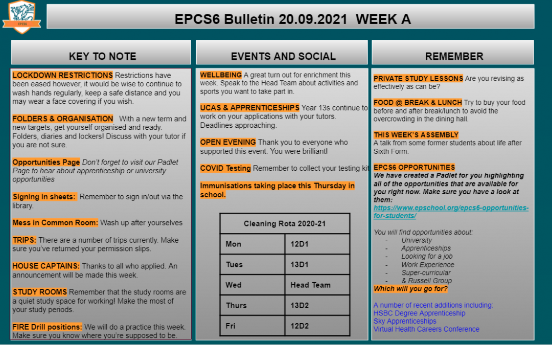 W/c 20.09 Sixth Form Bulletin Week A