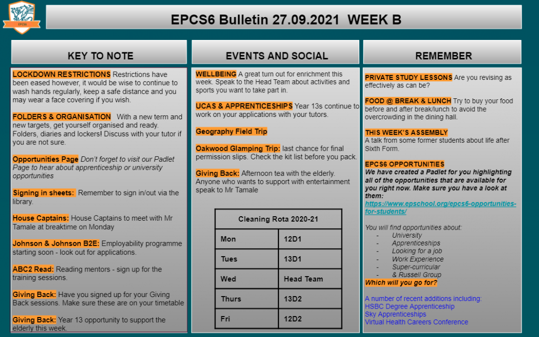 W/c 27.09 Sixth Form Bulletin Week B