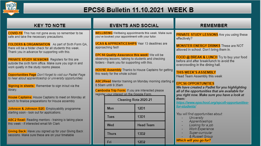 W/c 11.10 Sixth Form Bulletin Week B