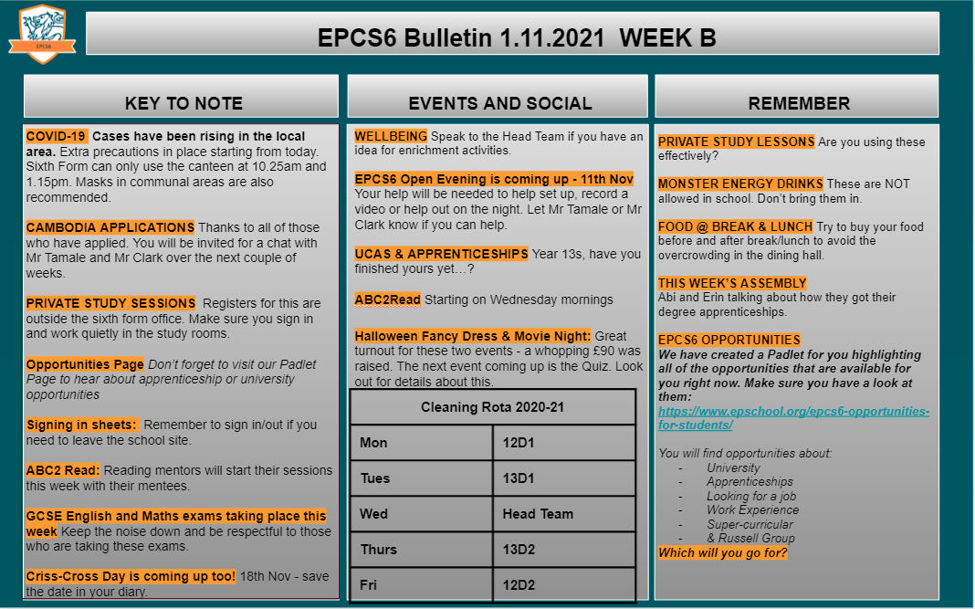 W/c 01.11 Sixth Form Bulletin Week B