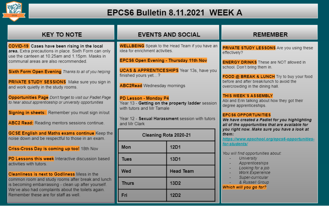 W/c 08.11 Sixth Form Bulletin Week A