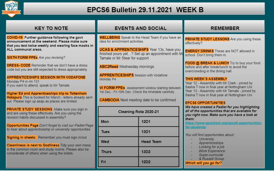 W/c 29.11 Sixth Form Bulletin Week B