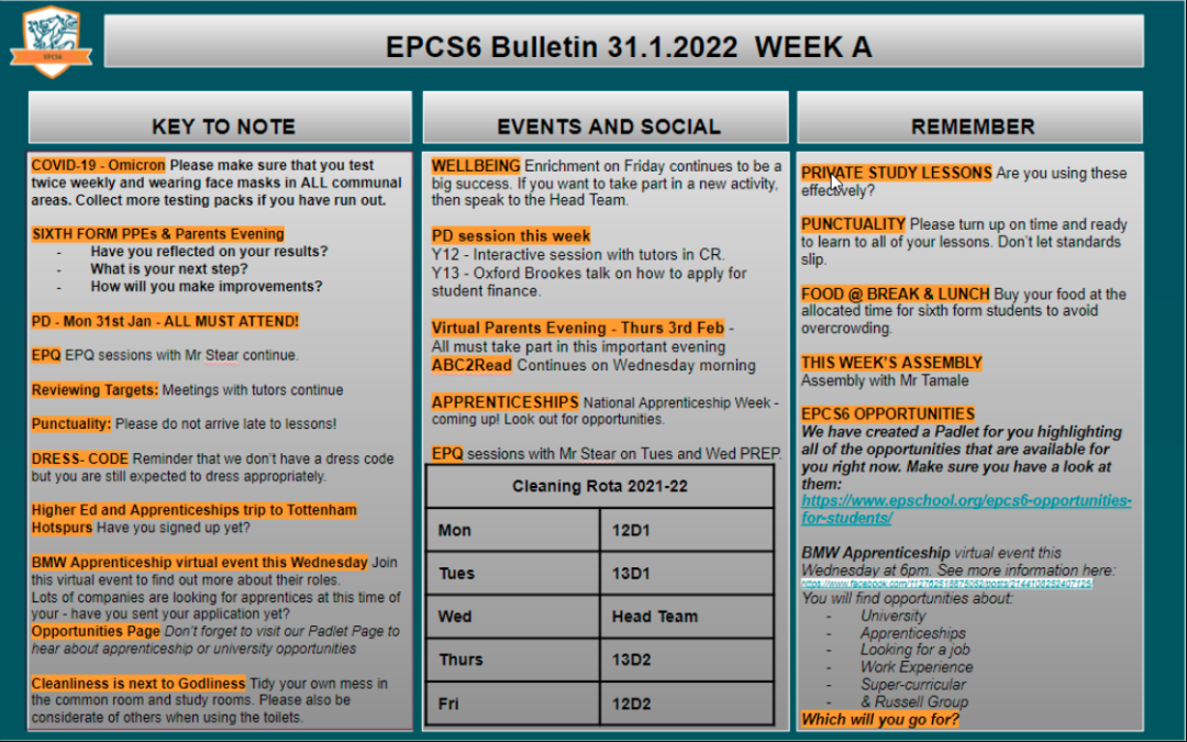 W/c 31.01.2022 Sixth Form Bulletin Week A