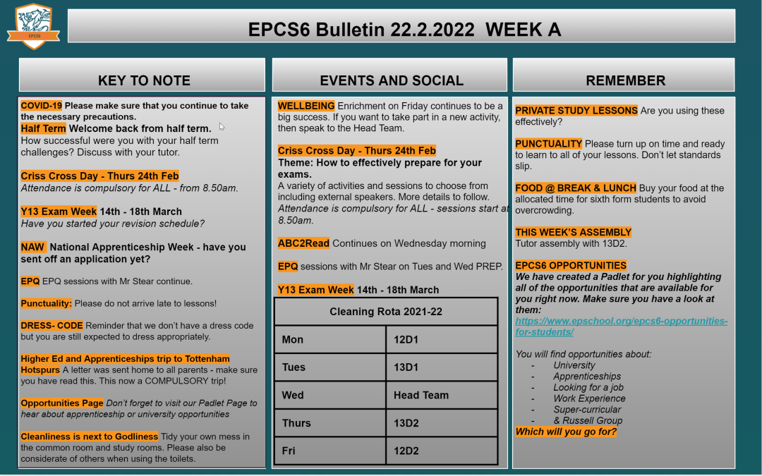 W/c 22.02.2022 Sixth Form Bulletin Week A