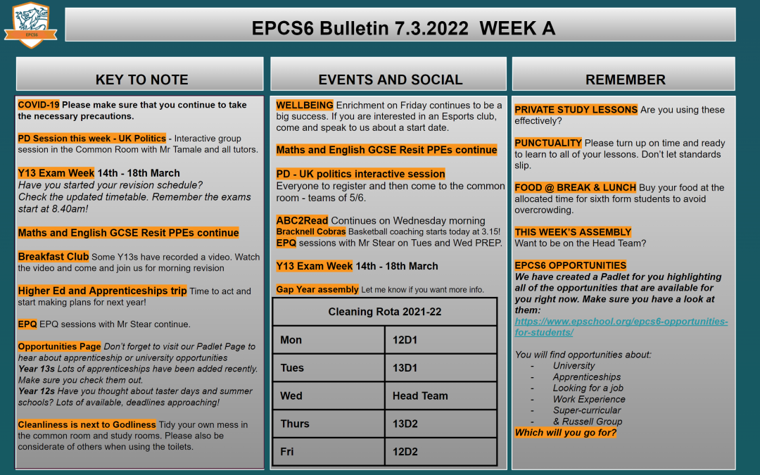 W/c 07.03.2022 Sixth Form Bulletin Week A