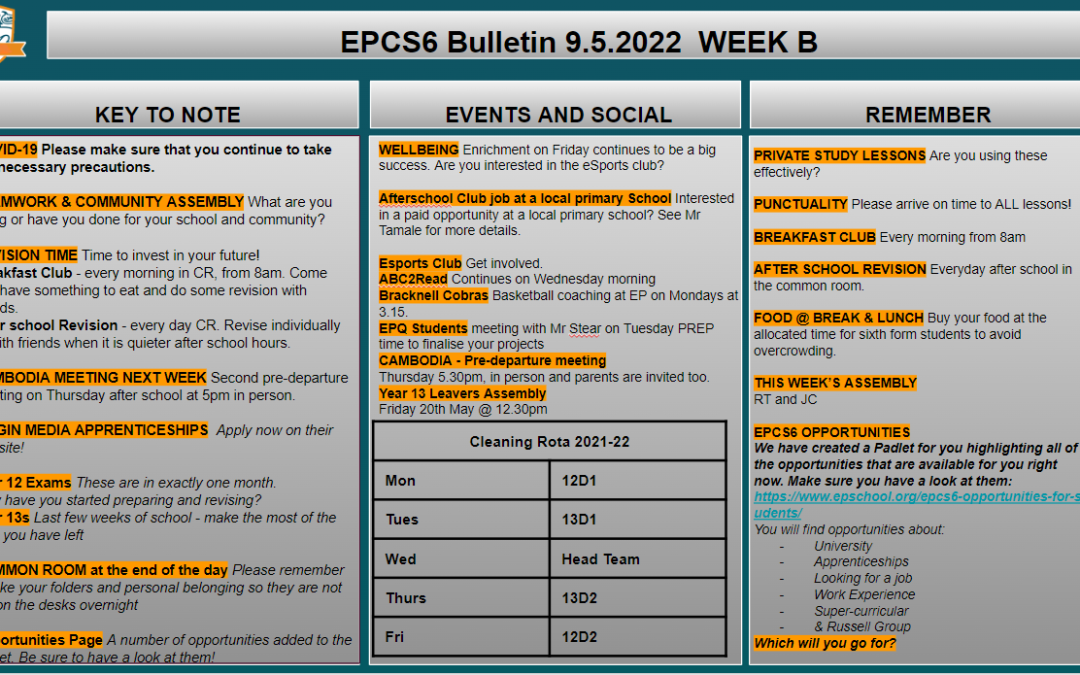 W/c 09.05.2022 Sixth Form Bulletin Week B