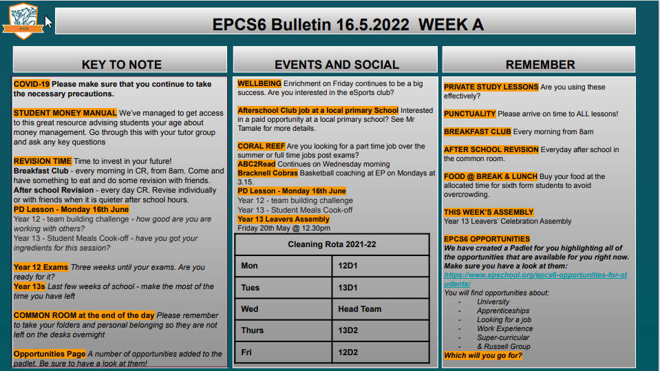 W/c 16.05.2022 Sixth Form Bulletin Week A
