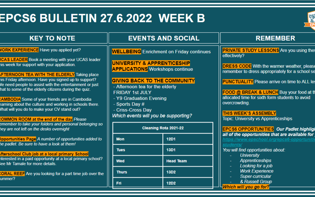 W/c 27.06.2022 Sixth Form Bulletin Week B