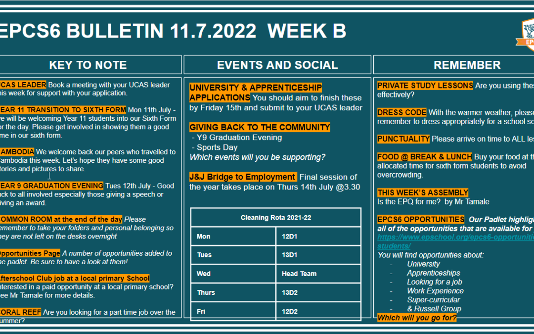 W/c 11.07.2022 Sixth Form Bulletin Week B