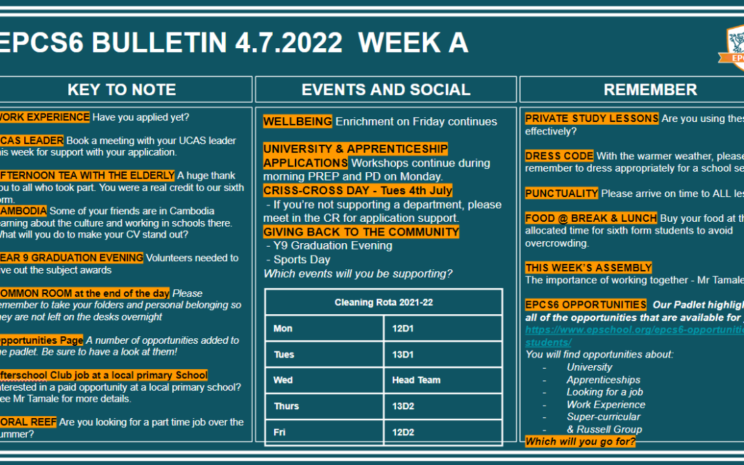 W/c 04.07.2022 Sixth Form Bulletin Week A
