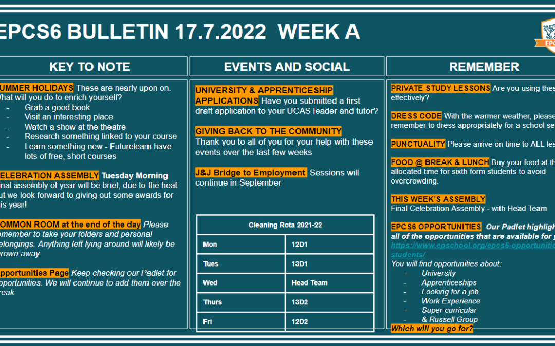 W/c 18.07.2022 Sixth Form Bulletin Week A