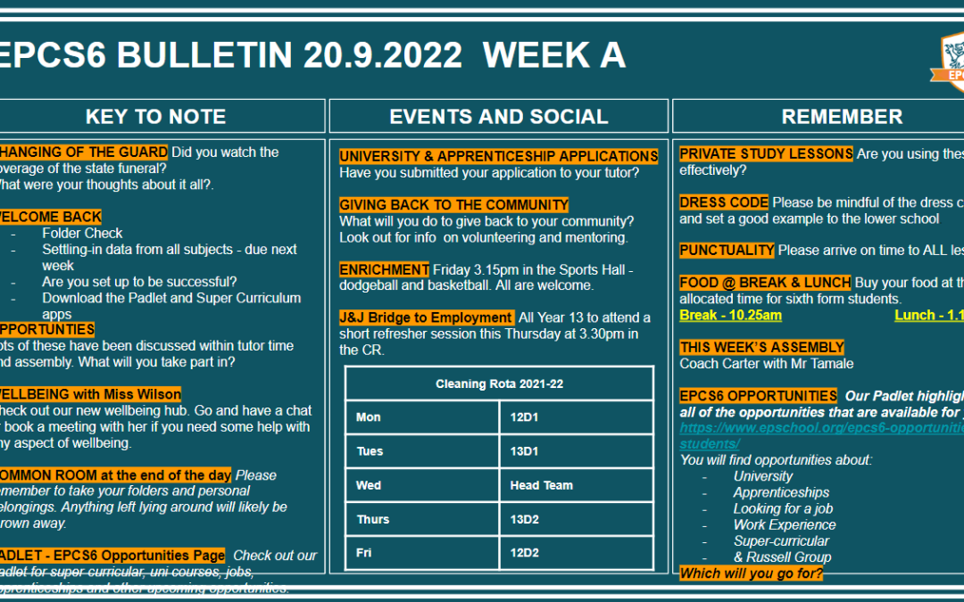 W/c 19.09.2022 Sixth Form Bulletin Week A