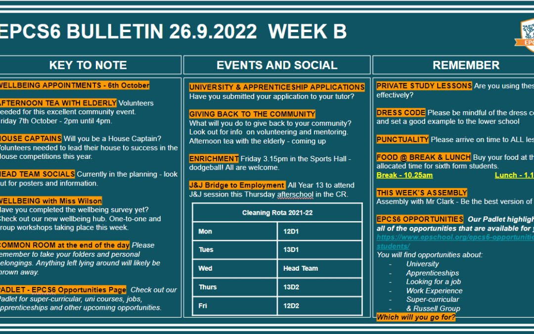 W/c 26.09.2022 Sixth Form Bulletin Week B