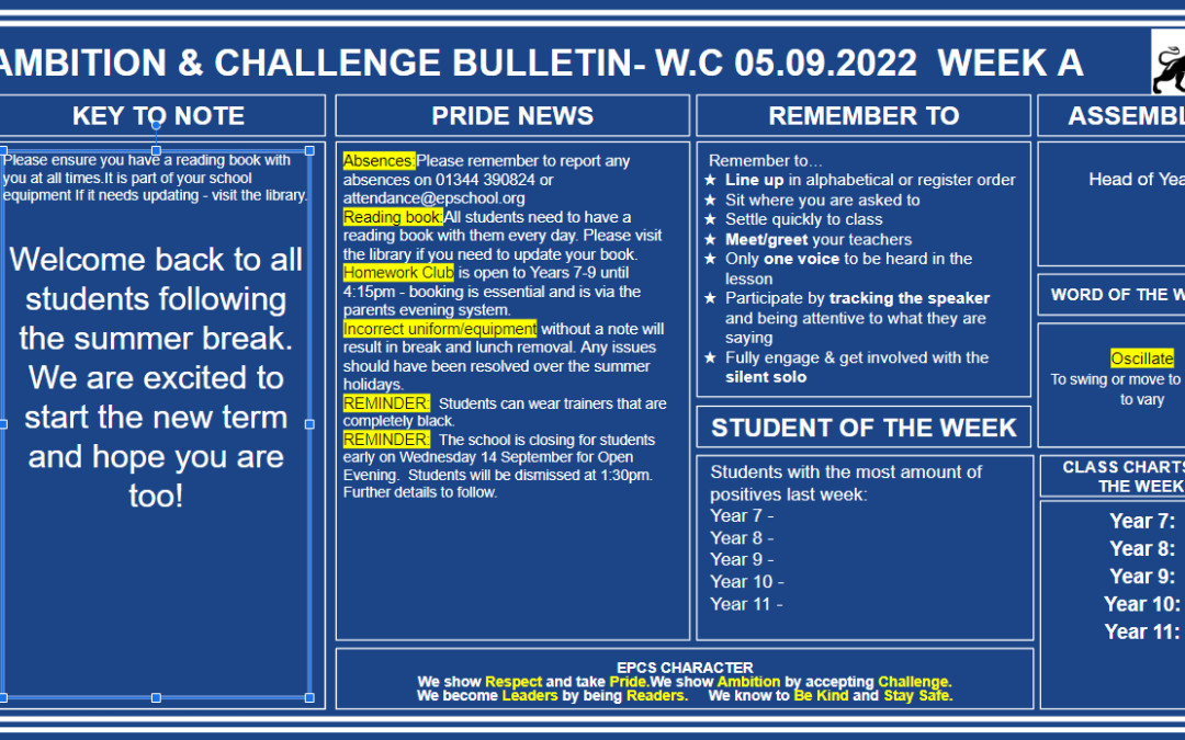 W/c 05.09.2022 Tutor Slide Y7-Y11 Week A