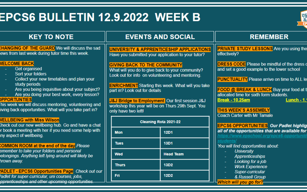 W/c 12.09.2022 Sixth Form Bulletin Week B
