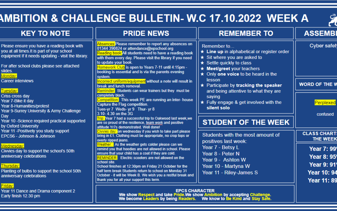 W/c 17.10.2022 Tutor Slide Y7-Y11 Week A