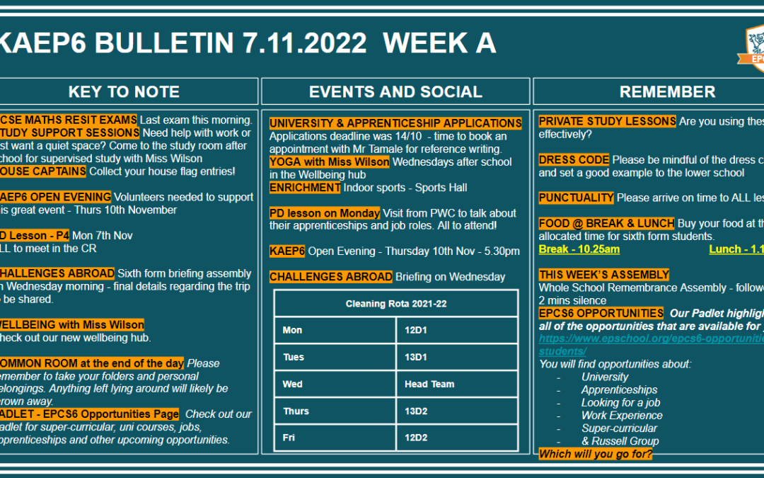 W/c 07.11.2022 Sixth Form Bulletin Week A