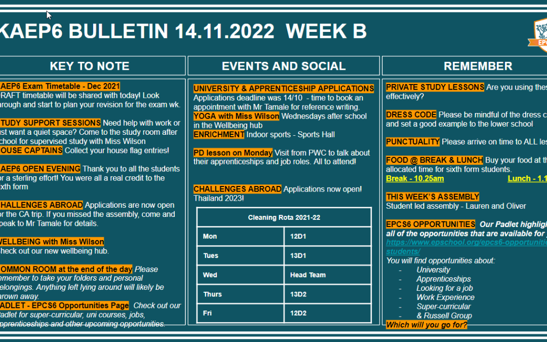 W/c 14.11.2022 Sixth Form Bulletin Week B