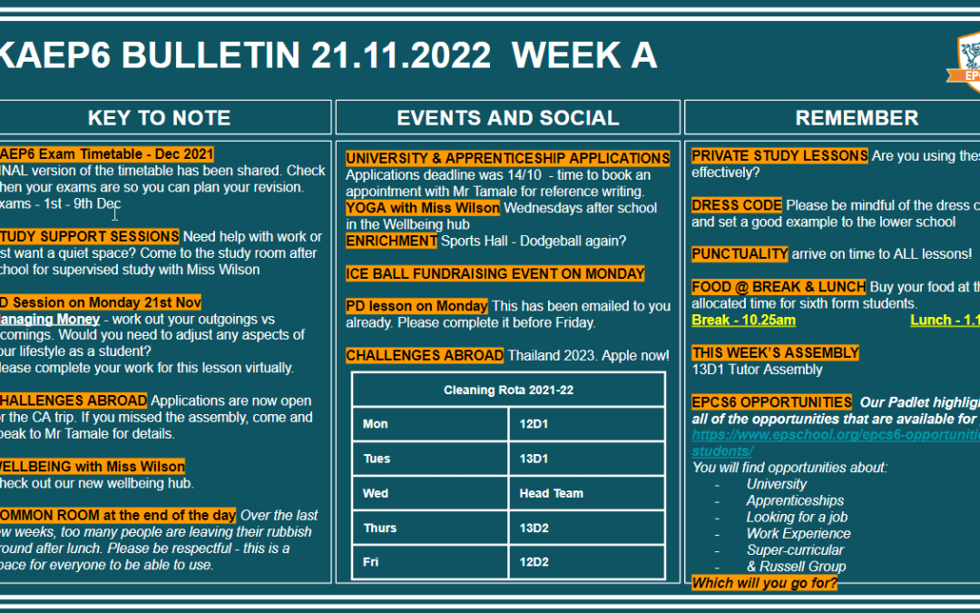 W/c 21.11.2022 Sixth Form Bulletin Week A