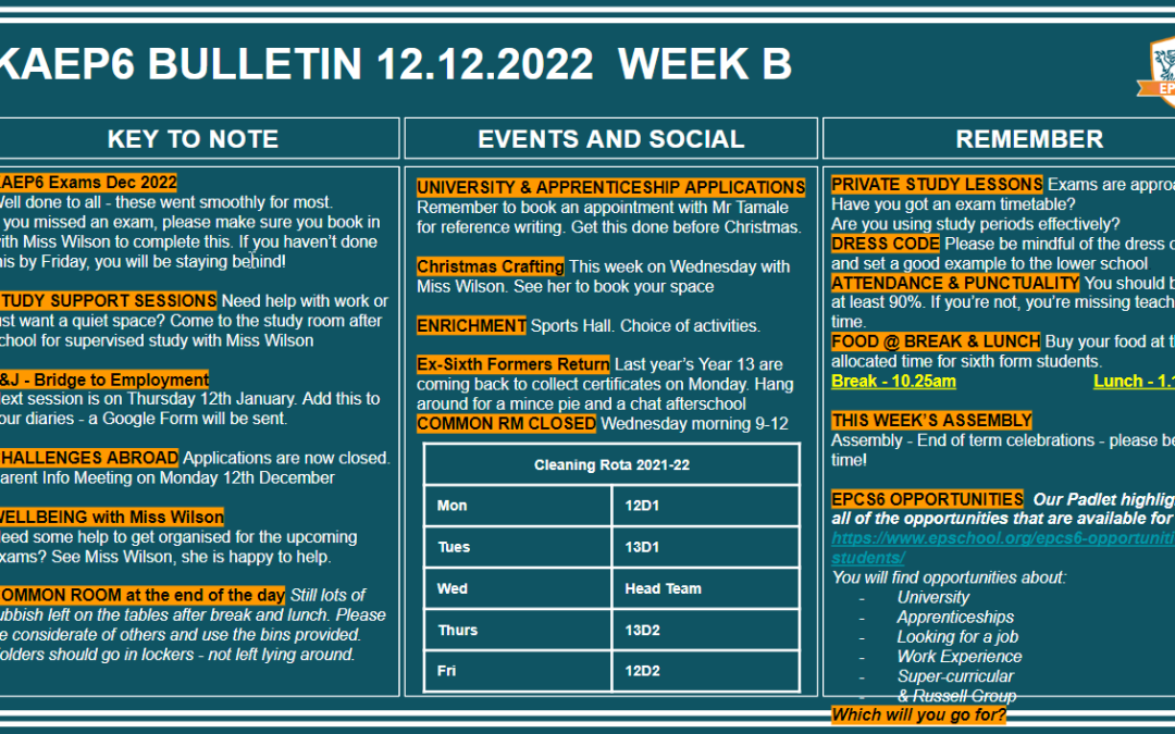 W/c 12.12.2022 Sixth Form Bulletin Week B