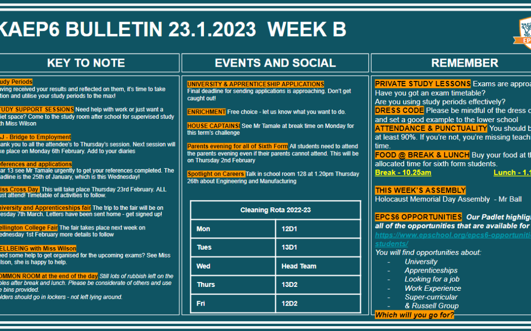 W/c 23.01.2023 Sixth Form Bulletin Week B