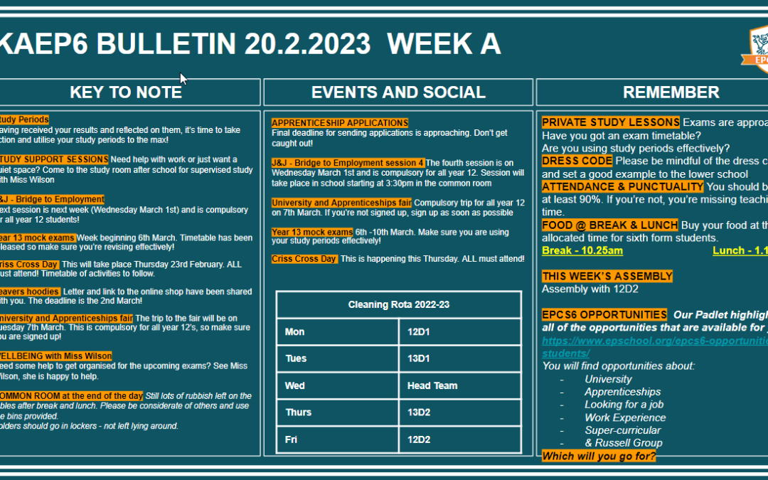 W/c 20.02.2023 Sixth Form Bulletin Week A