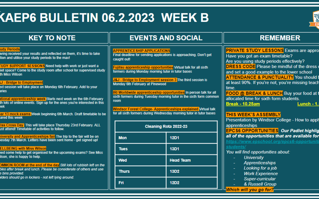 W/c 06.02.2023 Sixth Form Bulletin Week B