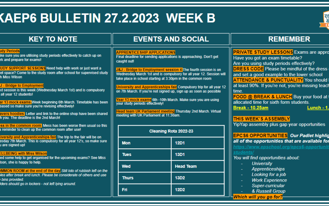 W/c 27.02.2023 Sixth Form Bulletin Week B