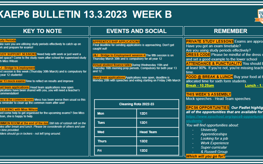 W/c 13.03.2023 Sixth Form Bulletin Week B