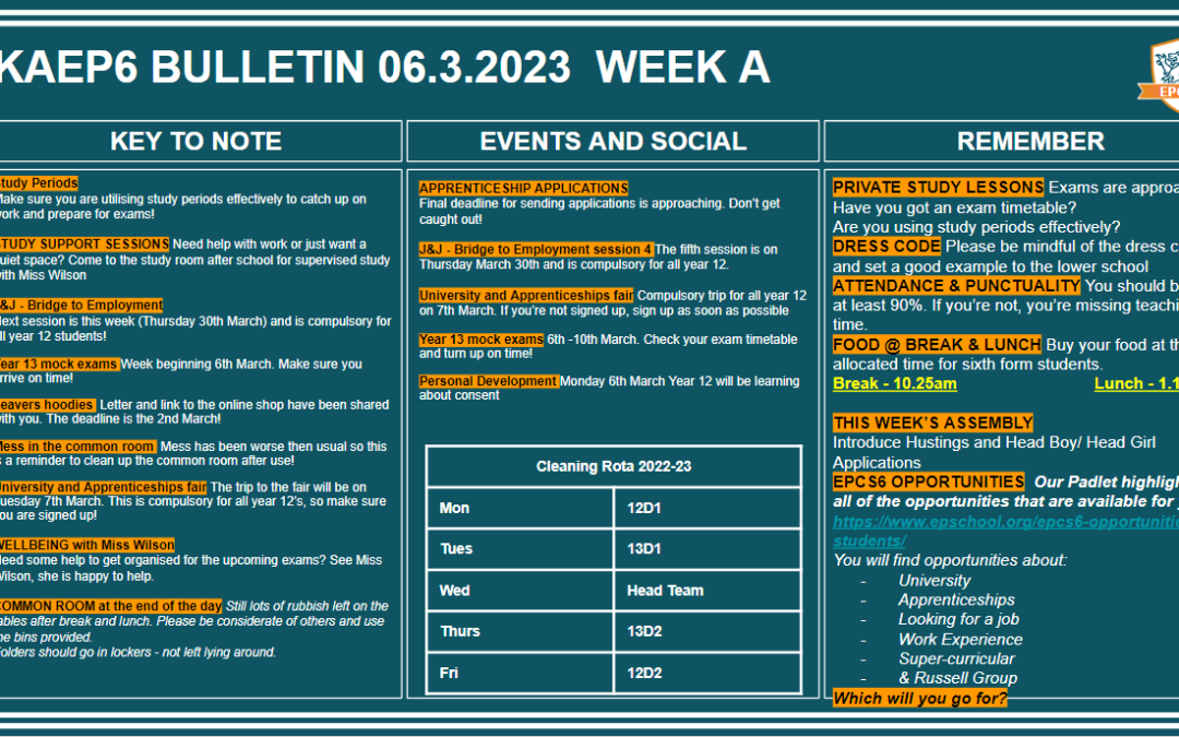 W/c 06.03.2023 Sixth Form Bulletin Week A