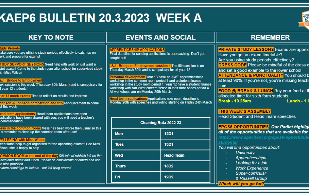 W/c 20.03.2023 Sixth Form Bulletin Week A