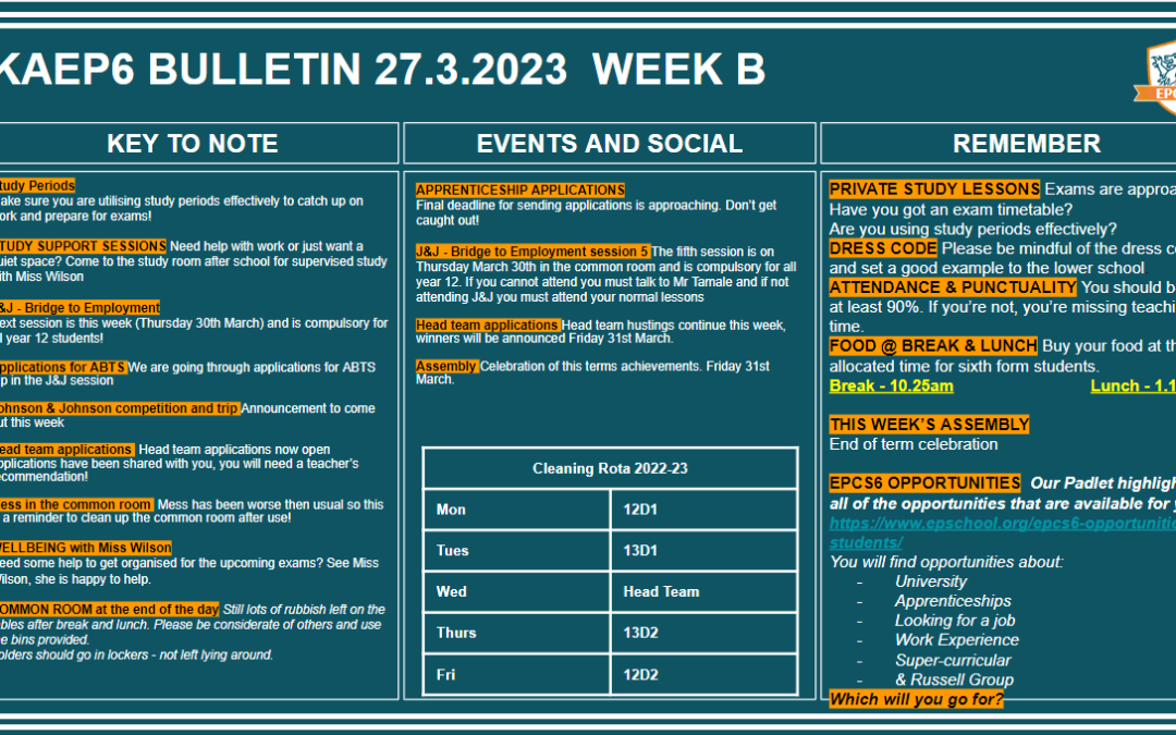 W/c 27.03.2023 Sixth Form Bulletin Week B