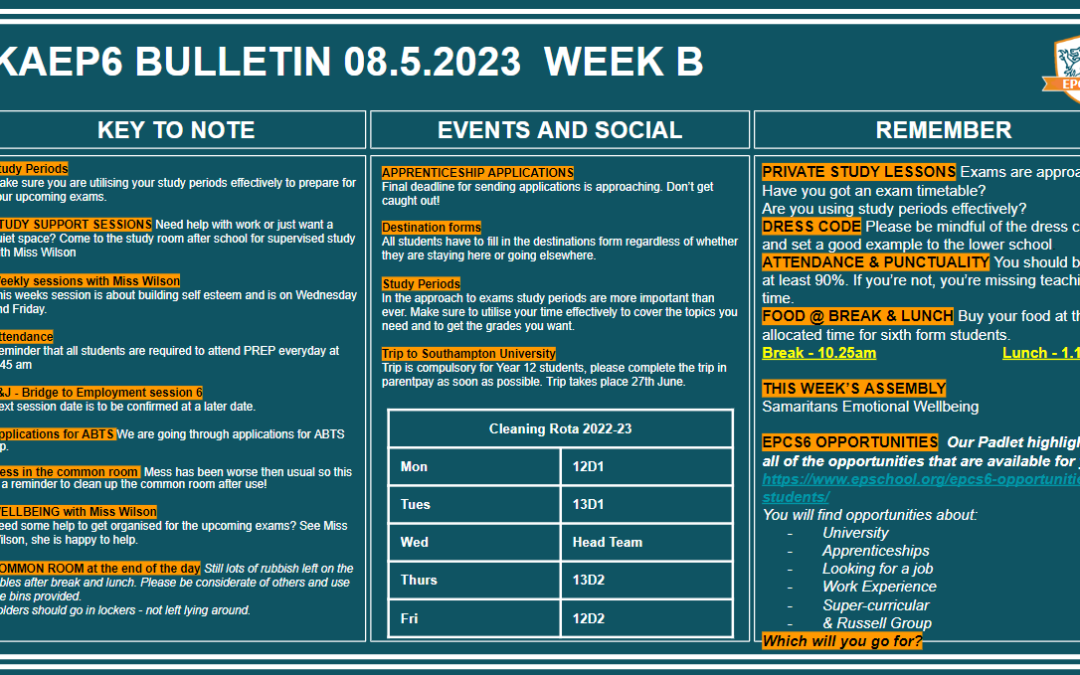 W/c 08.05.2023 Sixth Form Bulletin Week B