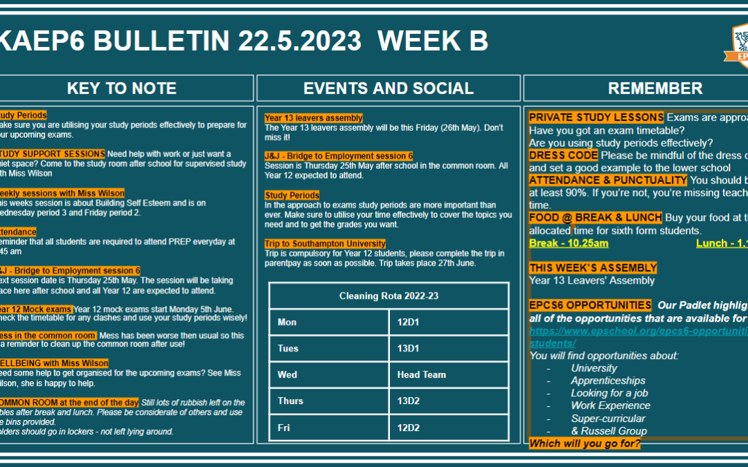W/c 22.05.2023 Sixth Form Bulletin Week B