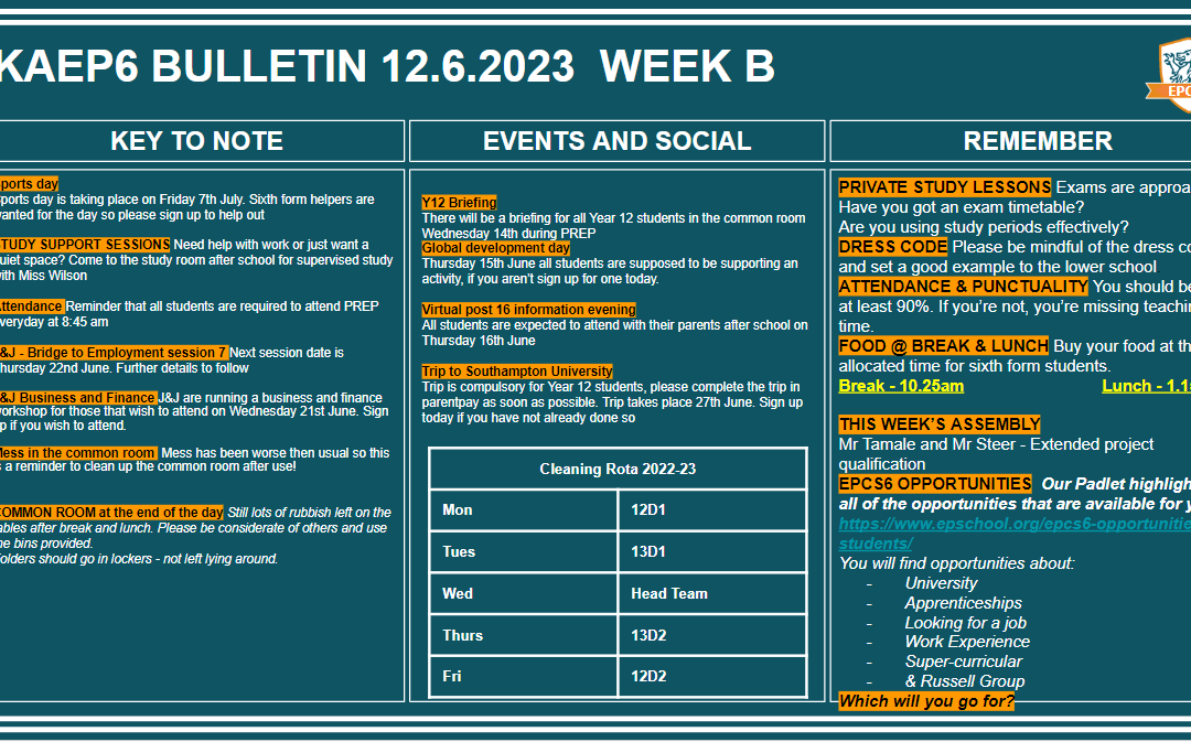 W/c 12.06.2023 Sixth Form Bulletin Week b