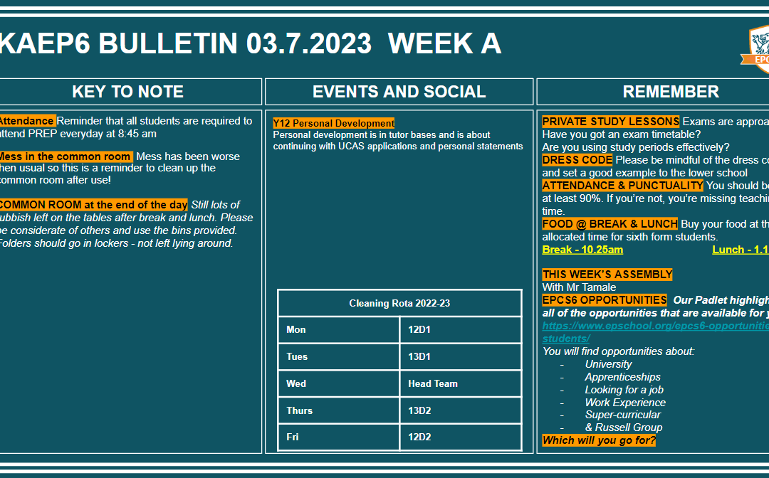 W/c 03.07.2023 Sixth Form Bulletin Week A